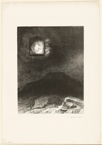 Precarious Glimmering, a Head Suspended from Infinity, plate 3 of 6 by Odilon Redon, print, 1891