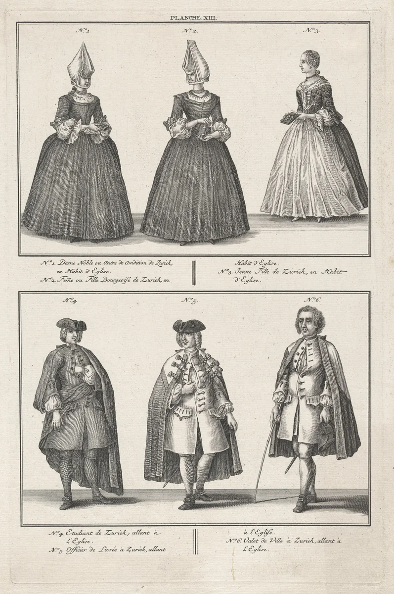 Costumes of Churchgoers of the Reformed Church by David Herrliberger, print, 1751