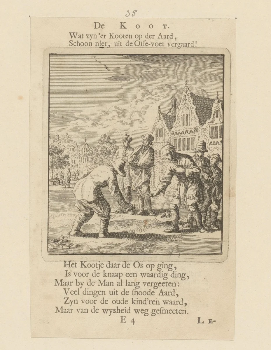Twee jongens spelen het kootspel by Jan Luyken, print, 1712