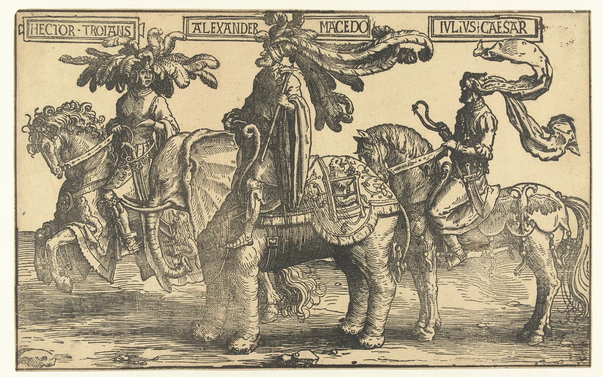 De helden Hector van Troje, Alexander de Grote en Julius Caesar by Lucas van Leyden, print, 1518-1522