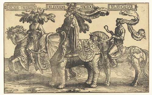 De helden Hector van Troje, Alexander de Grote en Julius Caesar by Lucas van Leyden, print, 1518-1522