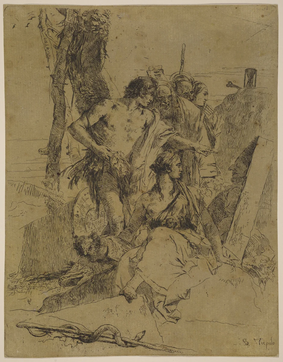 The Discovery of the Tomb of Punchinello by Giovanni Battista Tiepolo, print, 1750-1754