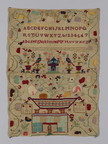 Sampler by Elisha Ryan, textile, 1852