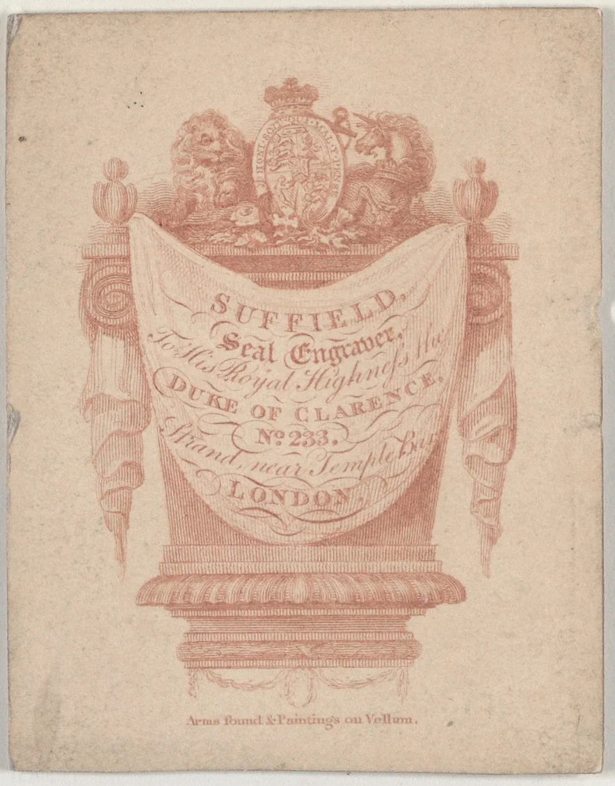 Trade Card for Suffield, seal engraver by anonymous, print, 1775-1825