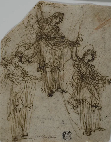 Sketches of a Standing Saint Holding a Sword (recto); Sketches of Figures and Heads (verso) by Unknown Artist, drawing, 1550-1559