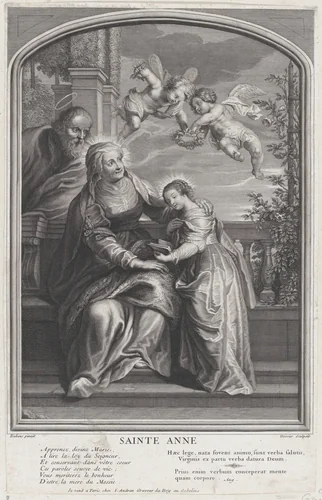 The education of the Virgin, with Saint Anne and the Virgin Mary reading with two putti overhead and Saint Joachim behind them at left by Michel Dossier, print, 1695-1750