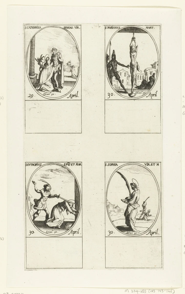 Heilige Catharina van Siena, Heilige Marianus van Lambaesis, Heilige Eutropius van Saintes, Heilige Sophia (29-30 april) by Jacques Callot, print, 1632-1636