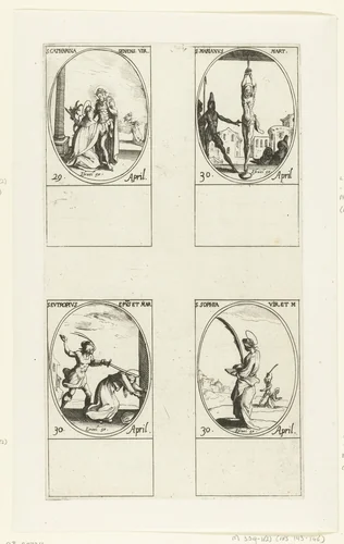Heilige Catharina van Siena, Heilige Marianus van Lambaesis, Heilige Eutropius van Saintes, Heilige Sophia (29-30 april) by Jacques Callot, print, 1632-1636