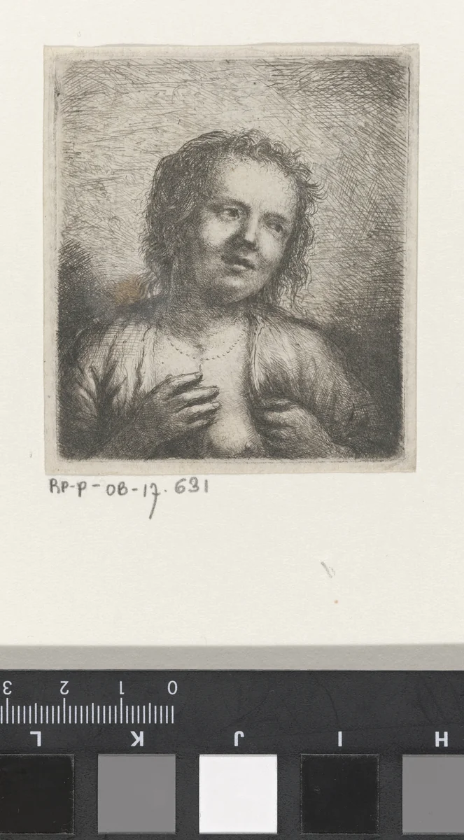 Jonge vrouw met open hemd by anonymous, print, 1630-1800