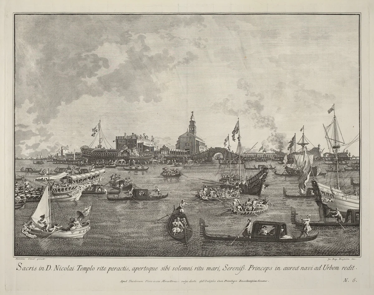 The Doge in the Bucintoro Leaving San Nicolò di Lido by Giovanni Battista Brustolon, print, 1763-1766