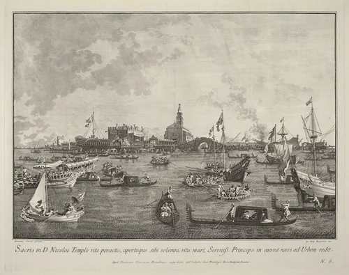 The Doge in the Bucintoro Leaving San Nicolò di Lido by Giovanni Battista Brustolon, print, 1763-1766
