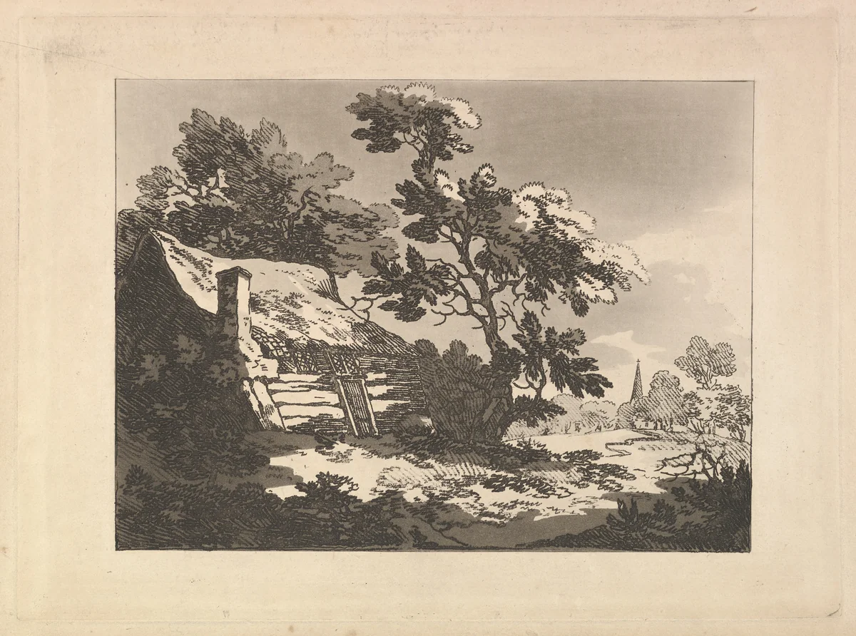 Landscape with Cottage Among Trees at Left, and a Distant Church Spire at Right by Thomas Rowlandson, print, 1783-1784