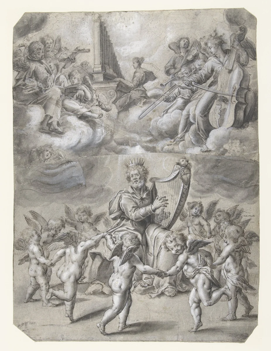 Loflied van Koning David en de heilige Cecilia by Peter de Witte, drawing, 1586-1628