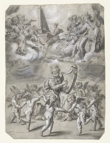 Loflied van Koning David en de heilige Cecilia by Peter de Witte, drawing, 1586-1628