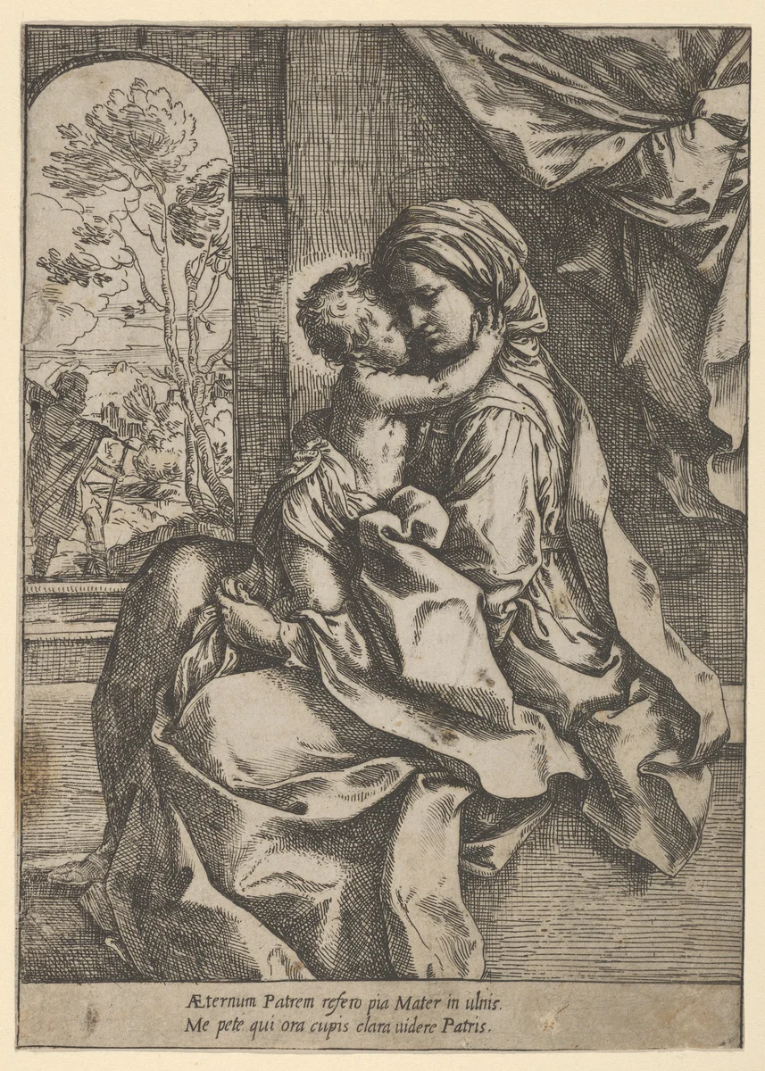 The Virgin seated with the Christ Child on her lap embracing her, Joseph seen through an archway at left by Guido Reni, print, 1595-1618