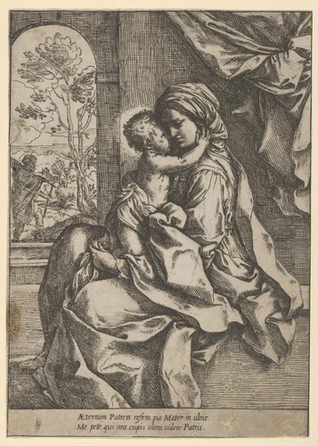 The Virgin seated with the Christ Child on her lap embracing her, Joseph seen through an archway at left by Guido Reni, print, 1595-1618