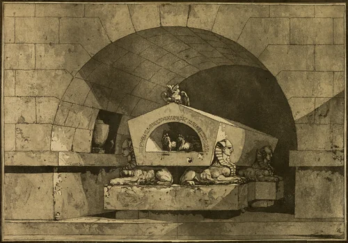 Tomb with Sphinxes and an Owl by Louis Jean Desprez, print, 1779-1784