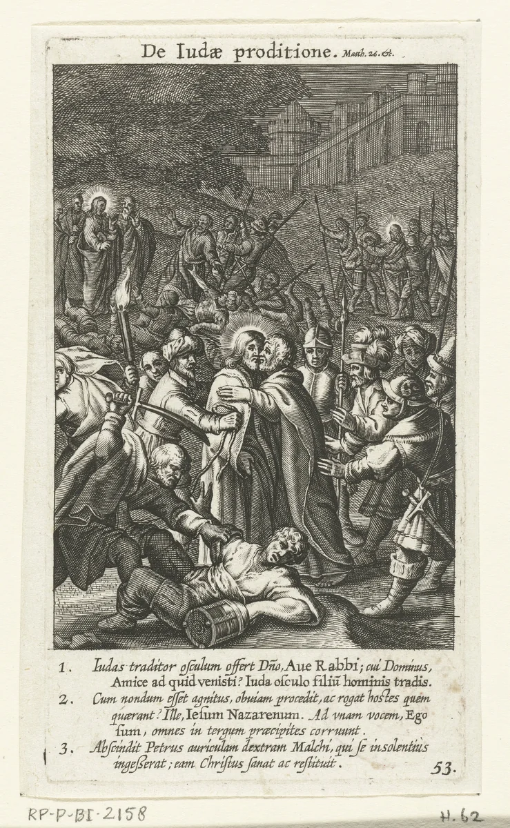 Judas verraadt Christus met een kus en soldaten nemen hem gevangen by Boëtius Adamsz. Bolswert, print, 1590-1622