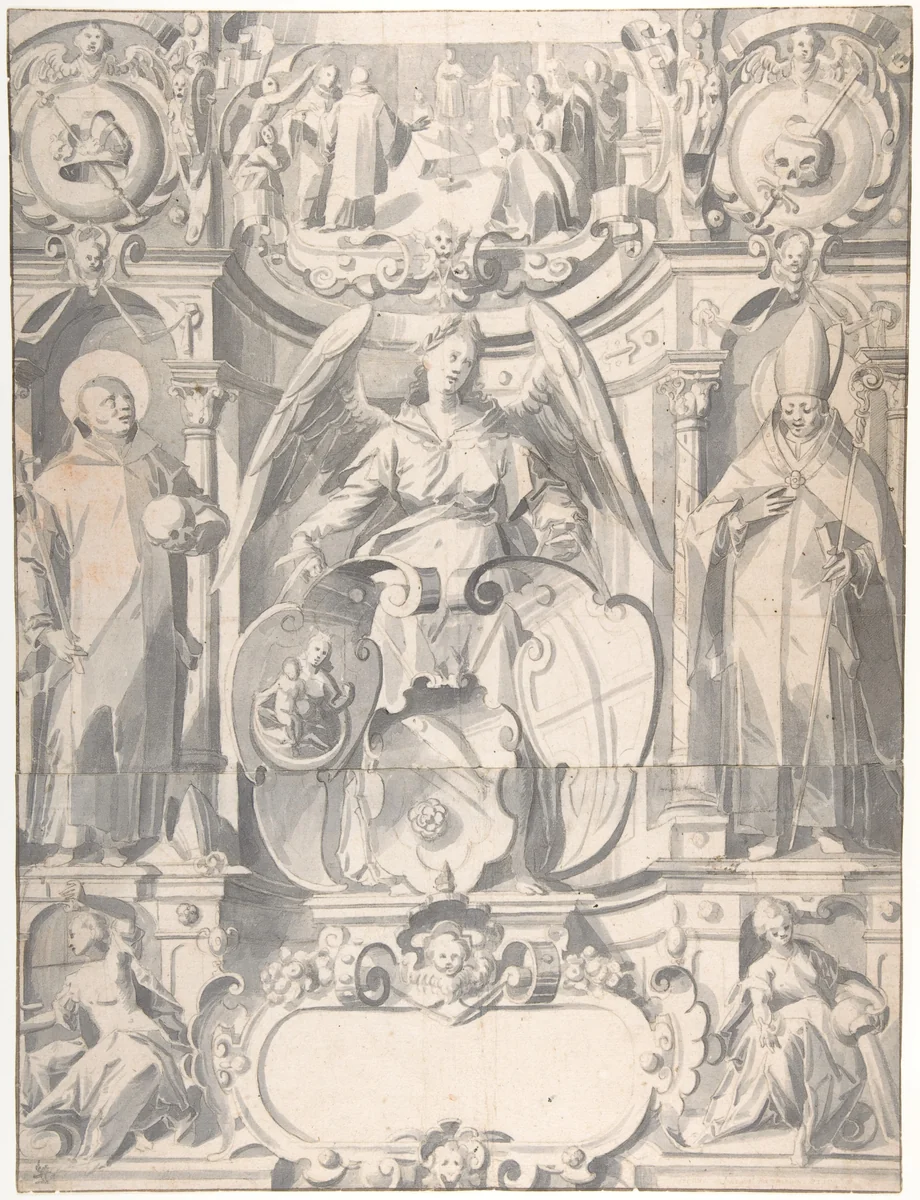 Design for a Stained Glass Window or Frontispiece with the Arms of a Cleric by Johann Heiss, drawing, 1655-1704