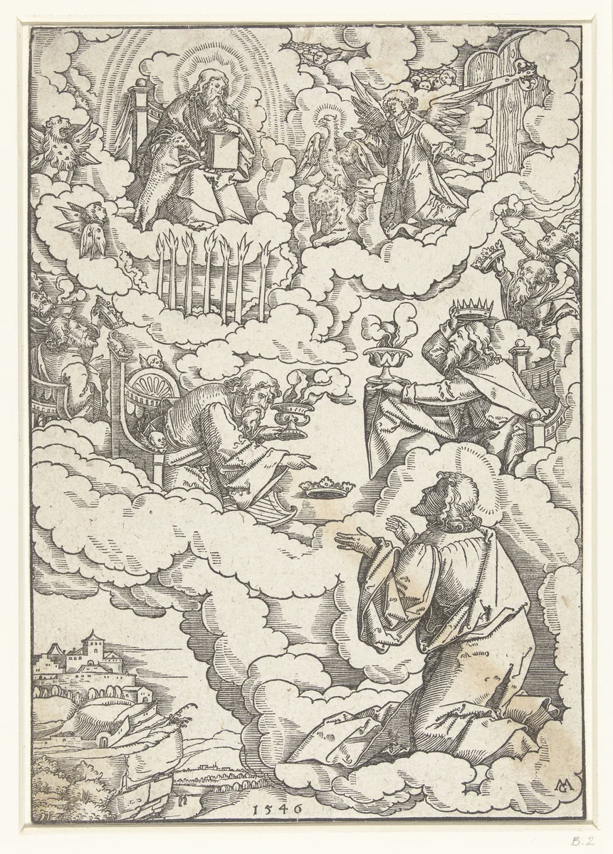 Visioen van Johannes de Evangelist met tronende God en de vierentwintig oudsten by Unknown, print, 1546