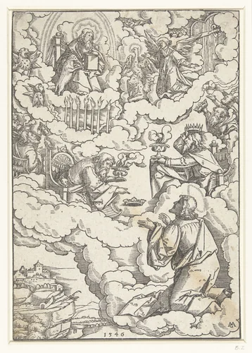 Visioen van Johannes de Evangelist met tronende God en de vierentwintig oudsten by Unknown, print, 1546