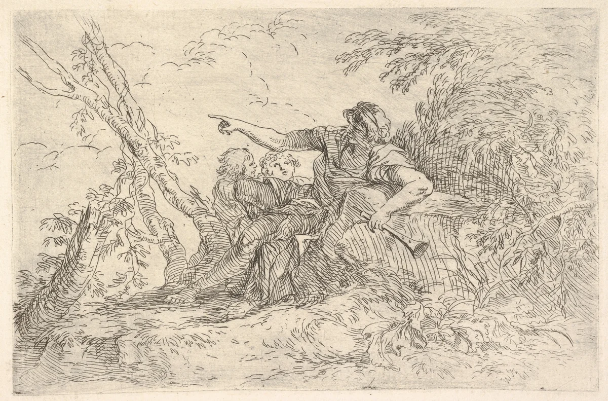 Male figure holding a flute reclining on a rock and pointing over the heads of two children, from "The Triton Group" by Salvator Rosa, print, 1655-1666