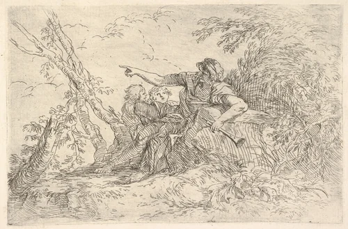 Male figure holding a flute reclining on a rock and pointing over the heads of two children, from "The Triton Group" by Salvator Rosa, print, 1655-1666