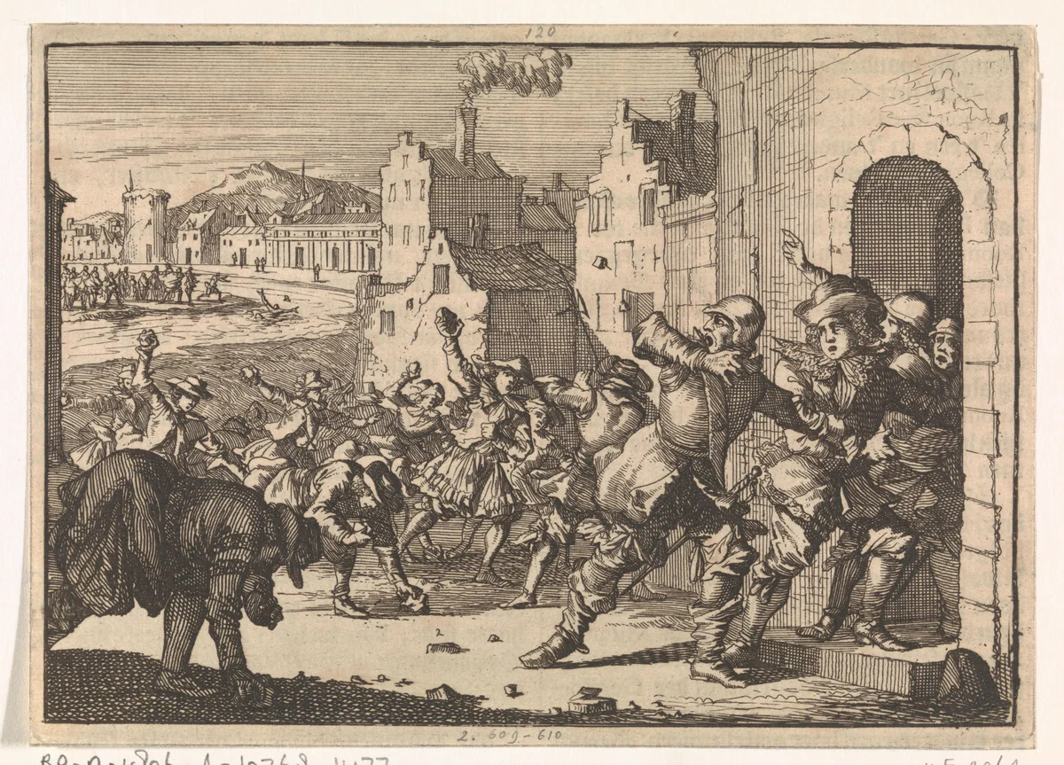 Oproer te Wenen als gevolg van antisemitische acties, 1617 by Caspar Luyken, print, 1698