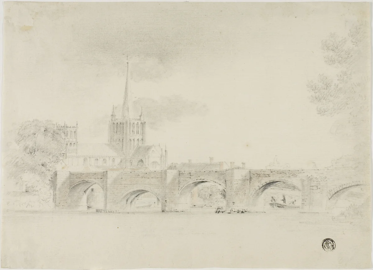 Cathedral Church and Bridge, Hereford by Unknown Artist, drawing, 1700-1799