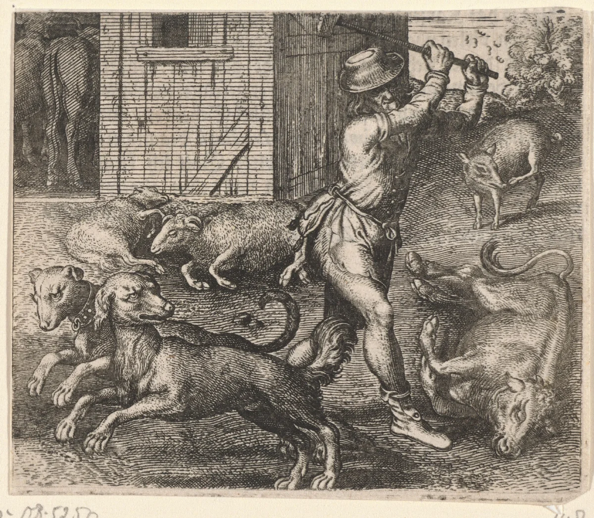 Fabel van een boer en zijn honden by Aegidius Sadeler, print, 1608