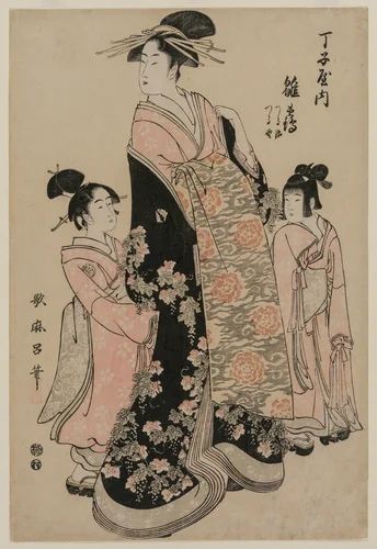 The Courtesan Hinazuru of Chojiya with her Attendants Tsuruji and Tsuruno by Kitagawa Utamaro (喜多川歌麿), print, 1789-1799