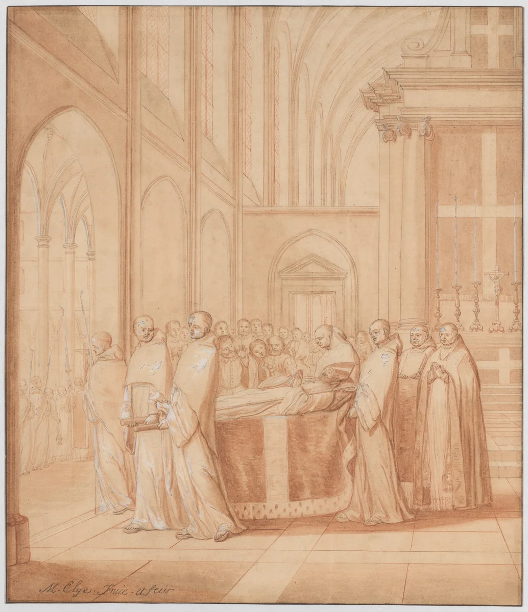 Feuillant monks carry the bier with the body of Jean de la Barrière by Matthieu Elias, drawing, 1706-1707