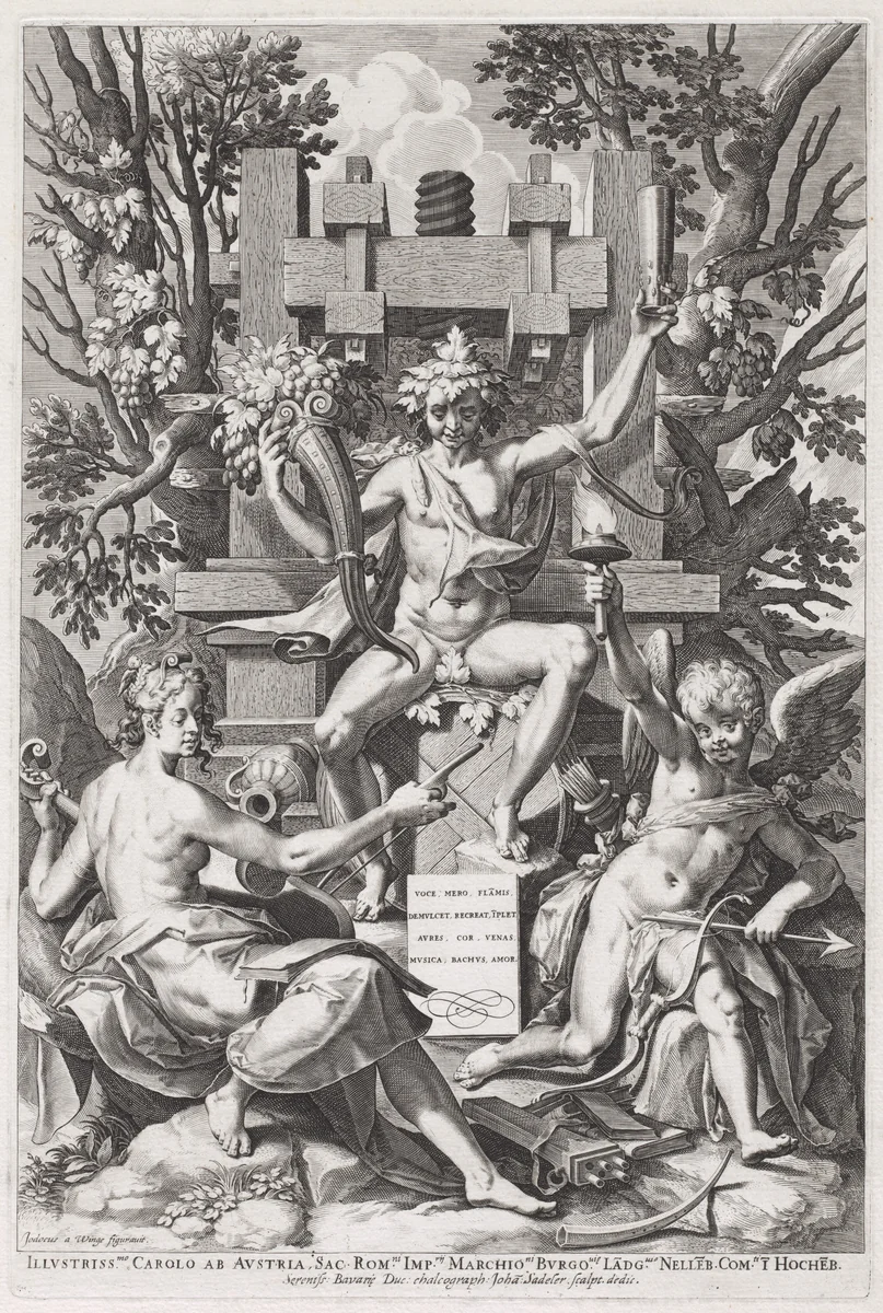 Bacchus Seated on a Barrel between Amor and Music by Jan Sadeler I; Joos van Winghe, print, 1550-1600