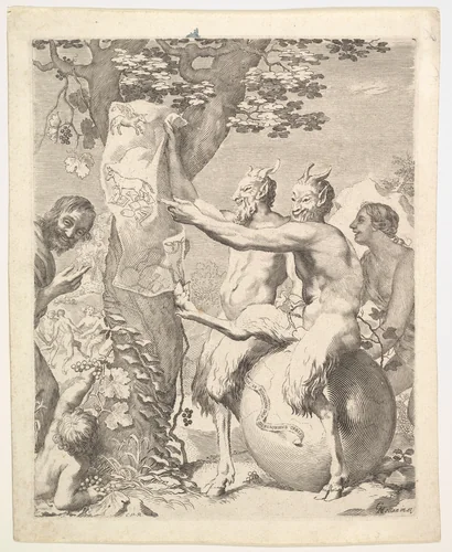 Two satyrs, traditionally known as the 'Mockers,' laughing and using their limbs to pin a drawing to a tree trunk, at left a smiling man points toward the drawing, at right is a laughing woman, a globe underneath one of the satyrs by Claude Mellan, print, 1636-1645