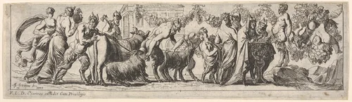 Procession of satyrs and draped figures leading two goats and cow to sacrifice, at right the figure of Pan stands on a rocky pedestal, from a series of twelve frieze-like designs showing bacchanals, sacrifices, and dances by Pierre Brebiette, print, 1617-1625