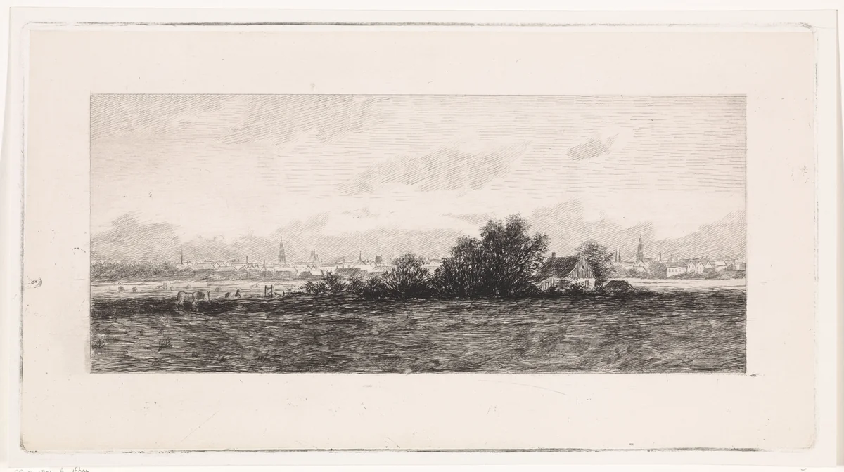 Stadsgezicht met weilanden op de voorgrond by Elias Stark, print, 1859-1891