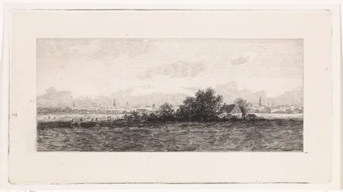 Stadsgezicht met weilanden op de voorgrond by Elias Stark, print, 1859-1891
