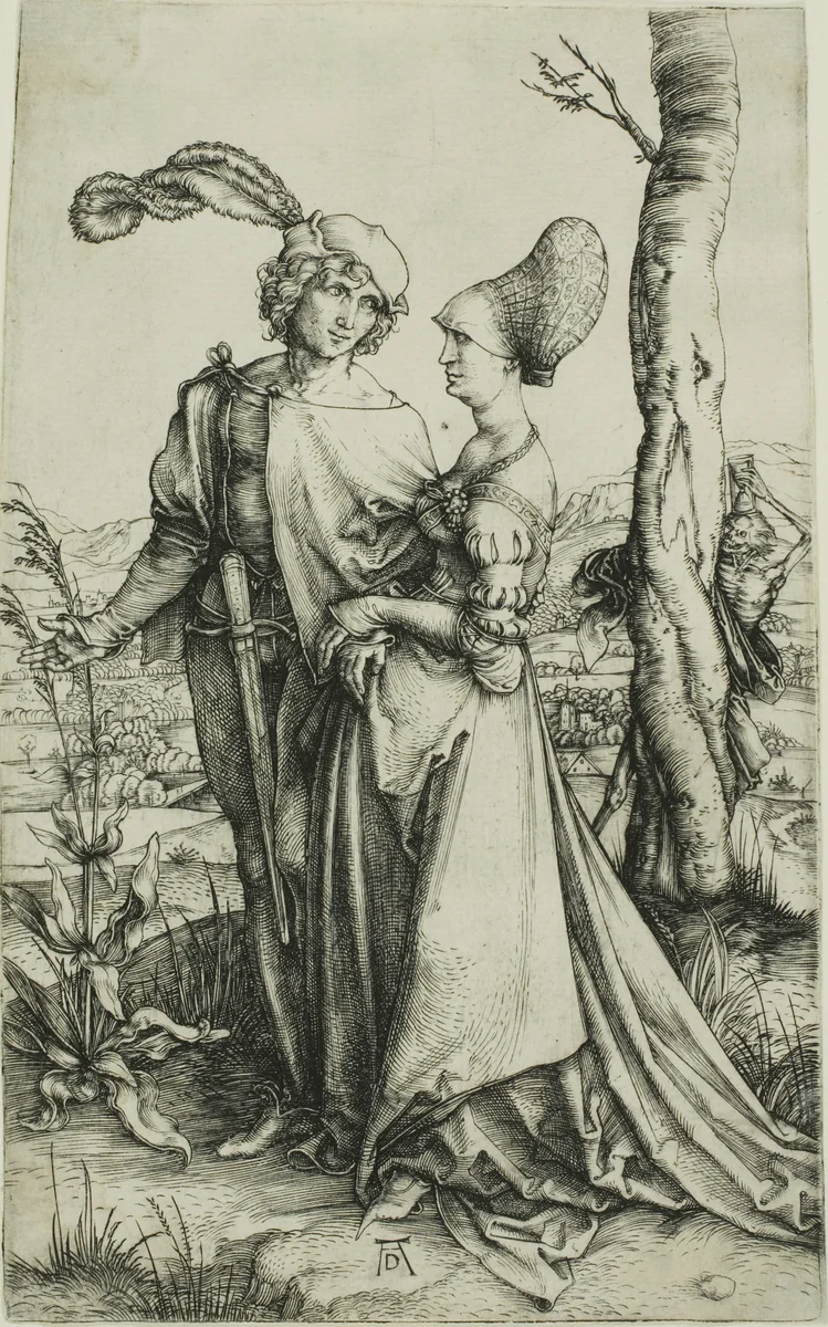 Young Couple Threatened by Death (The Promenade) by Albrecht Dürer, print, 1498
