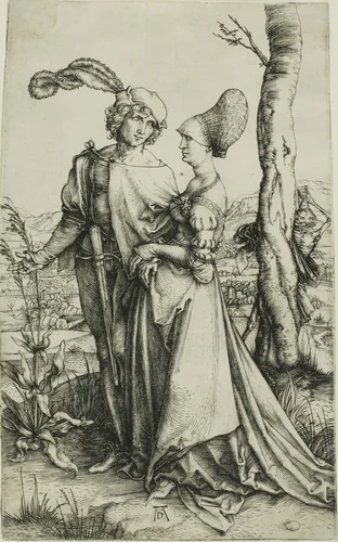 Young Couple Threatened by Death (The Promenade) by Albrecht Dürer, print, 1498