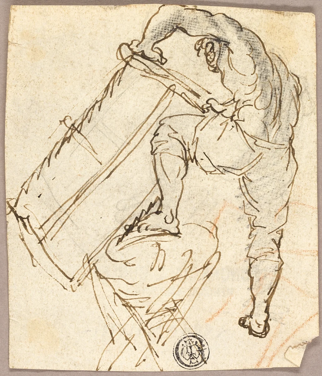 Man Sawing Wood by Pier Leone Ghezzi, drawing, 1694-1755