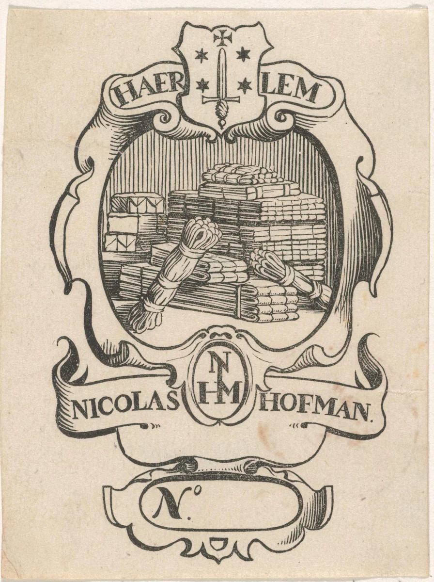 Handelsetiket van Nicolas Hofman te Haarlem by anonymous, print, 1681-1740