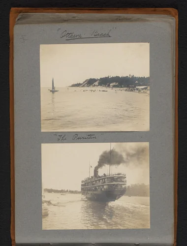 Gezicht op een meer bij Ottawa Beach en stoomschip "The Puritan" te water by Jan van der Mey, book, 1902