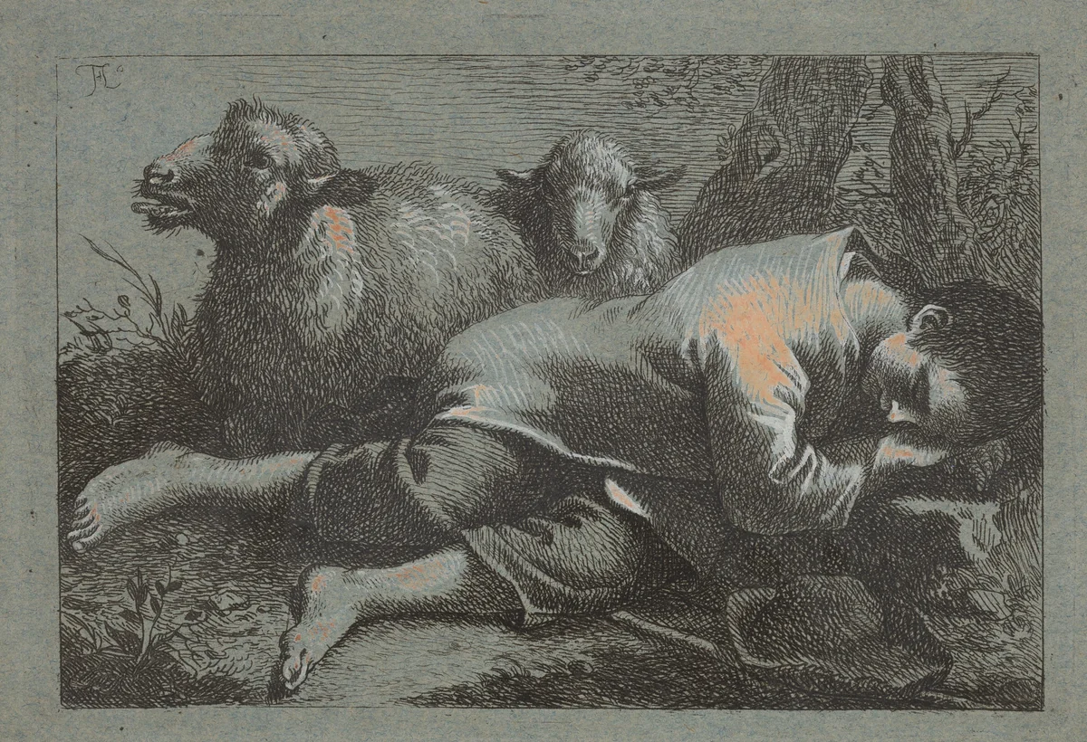 Peasant Boy Asleep near Two Sheep by Francesco Londonio, print, 1758-1759