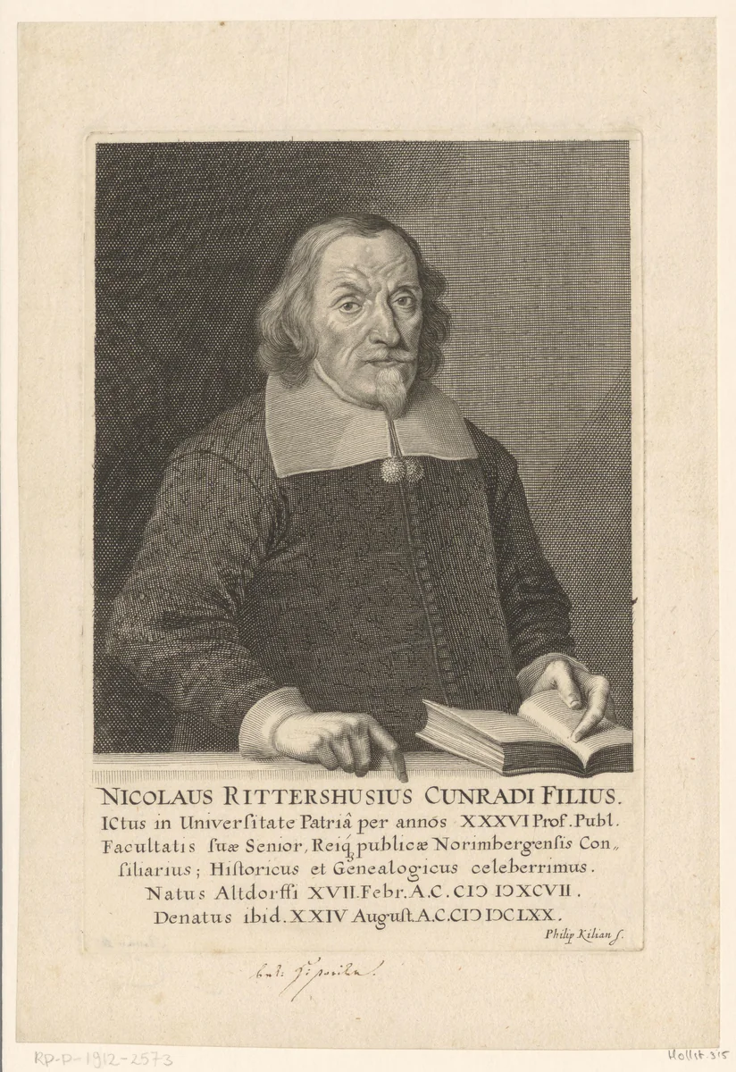 Portret van Nicolaus Rittershausen by Philipp Kilian, print, 1670-1693
