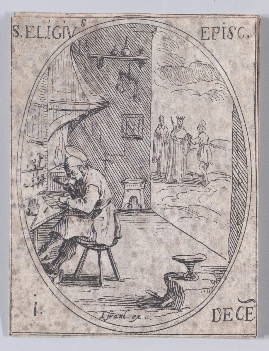 S. Eloim, évêque (St. Eligius, also known as St. Eloi, Bishop), December 1st, from "Les Images De Tous Les Saincts et Saintes de L'Année" (Images of All of the Saints and Religious Events of the Year) by Jacques Callot, print, 1636