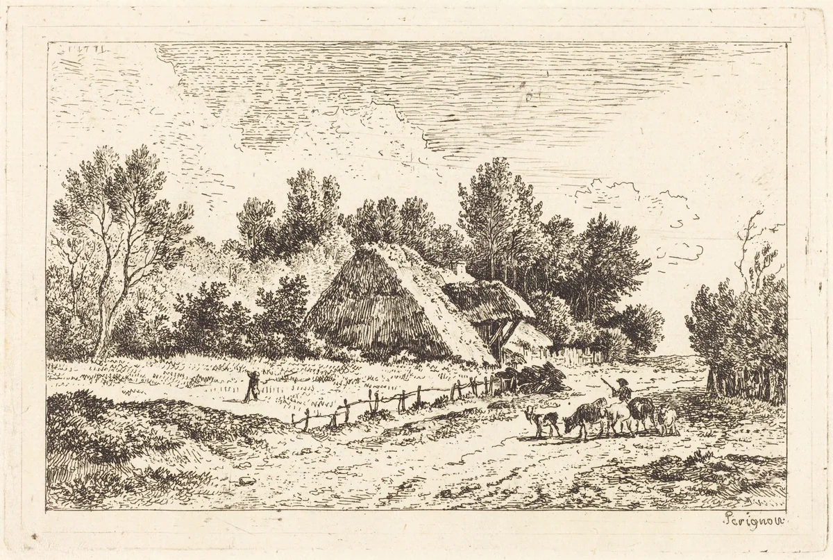 A Low Cottage with a Herdsman Leading His Flock by Nicolas Pérignon, print, 1771