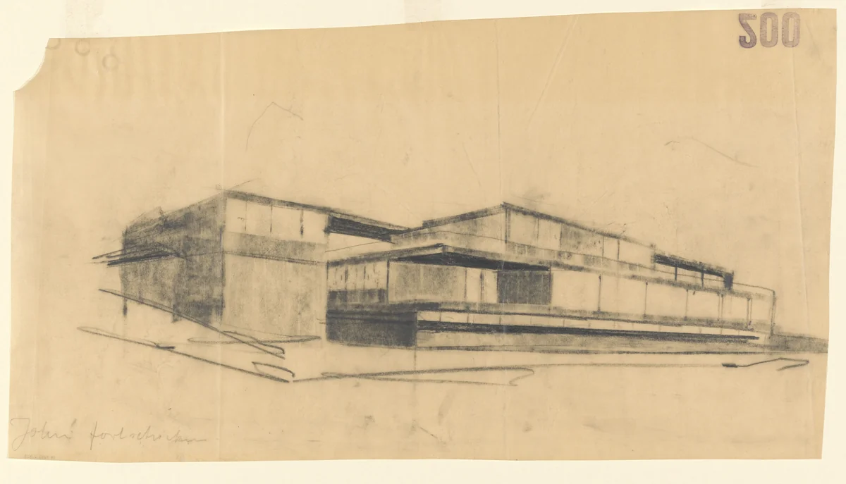 Tugendhat House, Brno, Czech Republic (Perspective from southwest) by Ludwig Mies van der Rohe, mies van der rohe archive, 1928