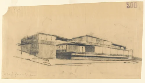 Tugendhat House, Brno, Czech Republic (Perspective from southwest) by Ludwig Mies van der Rohe, mies van der rohe archive, 1928