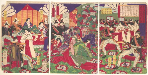 Leaders of the Pacification of the Kagoshima Rebels Celebrating with Cups of Wine from the Emperor (Kagoshima zokuto chinsei ni yotte shoshō tenhai chōdai no zu) by Yōshū Chikanobu (楊洲周延), print, 1877