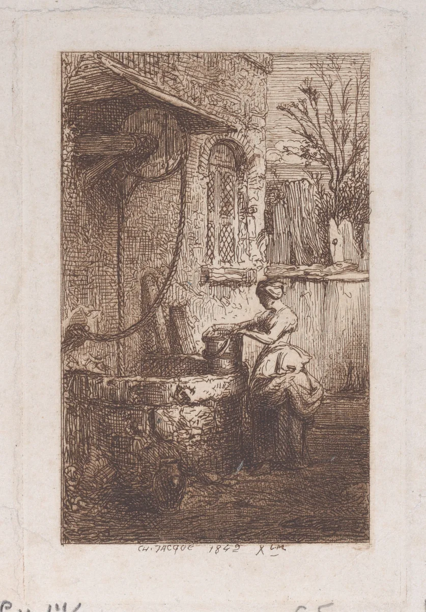 Woman at a Well by Charles Jacque, print, 1842